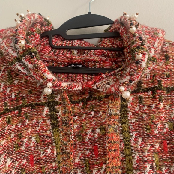 Plaid Knitted Tweed like Sweater with Pearl Beading - Picture 8 of 12